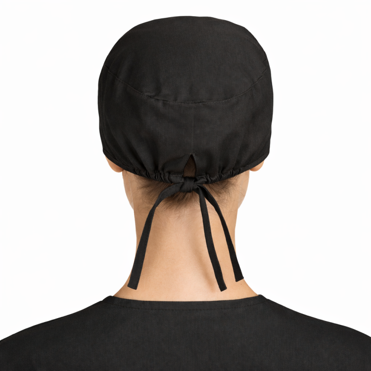 Czepek medyczny chirurgiczny wiązany na gumkach unisex czarny tył.png