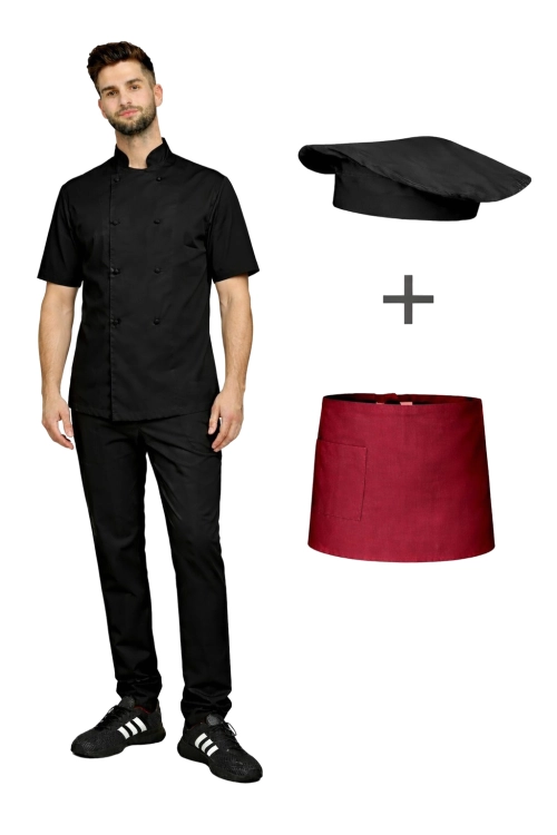 Uniform kucharza z krótkim rękawem – zestaw gastronomiczny czarny z bordową zapaską.png