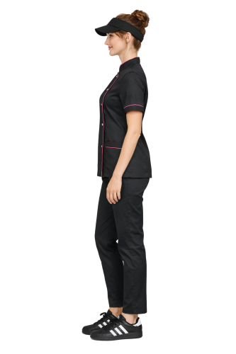 Uniform kucharski  zapinany na zatrzaski w kolorze czarnym z różowa lamówką.png
