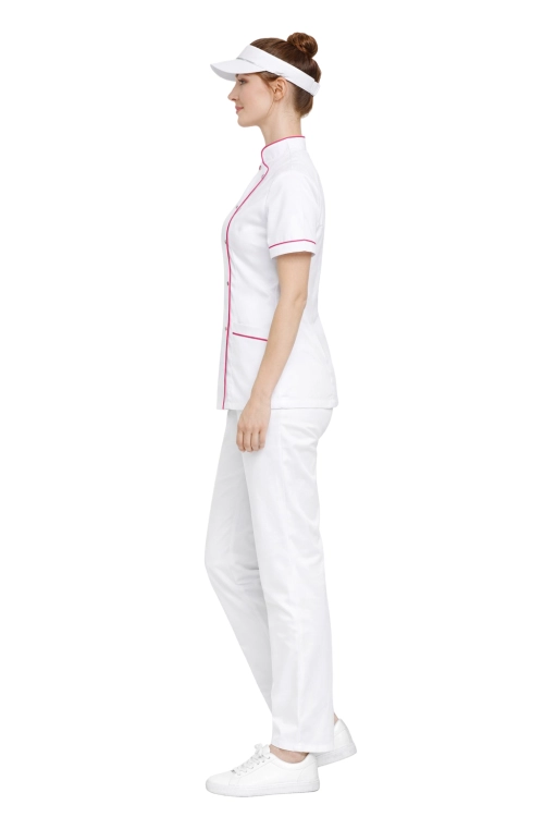 Uniform kucharski  zapinany na zatrzaski w kolorze białym  z różowa lamówką krótki rekaw.png
