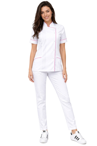 Komplet MEDICAL BEAUTY medyczny bluza biała z różową  lamówką  i białe cygaretki