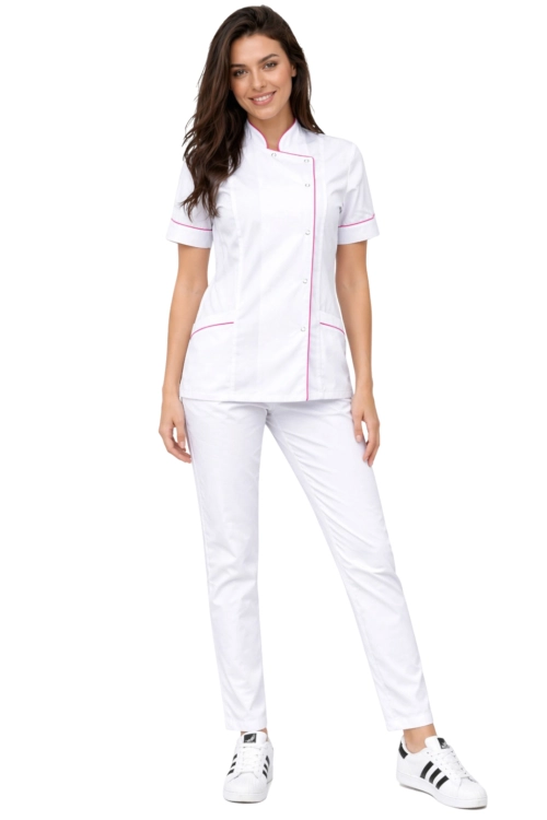 Komplet MEDICAL BEAUTY medyczny bluza biała z różową  lamówką  i białe cygaretki