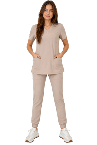 Komplet medyczny damski beżowy  – scrubs CASUAL PREMIUM-przód.png