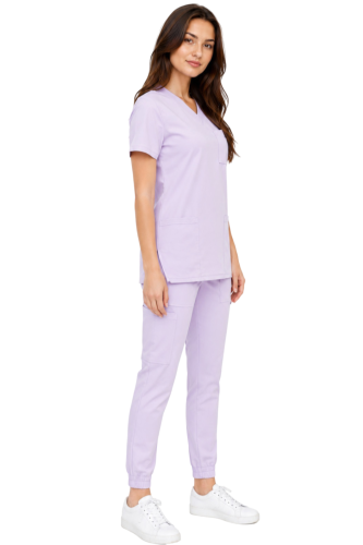 Wrzosowy komplet medyczny damski – scrubs CASUAL PREMIUM-bok.png