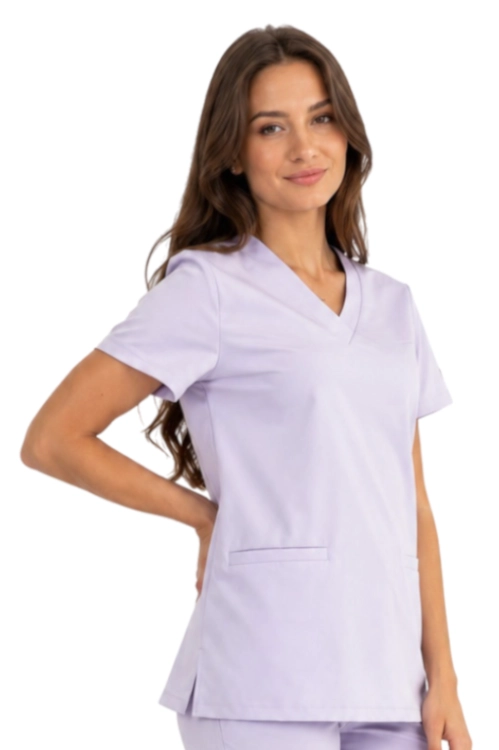 Damska bluza medyczna BASIC PREMIUM w kolorze wrzosowym_bok.png