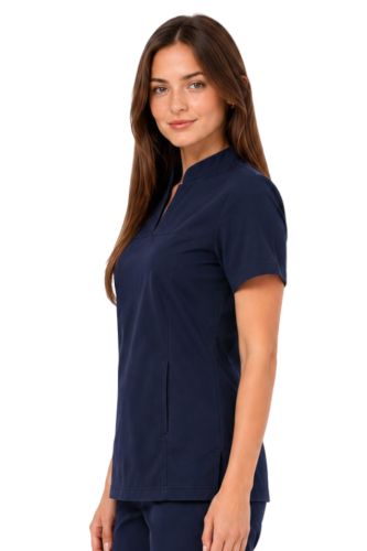 Damska bluza medyczna ze stójką  BASIC PREMIUM w kolorze ciemny granatowy_bok.png